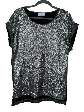 ACHRO Charcoal Gray And Silver Sequined Cap Sleeve Popover Blouse Size L